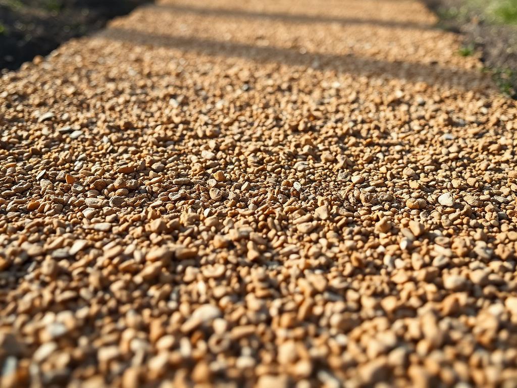 Golden decomposed granite pathway surface compacted between garden beds