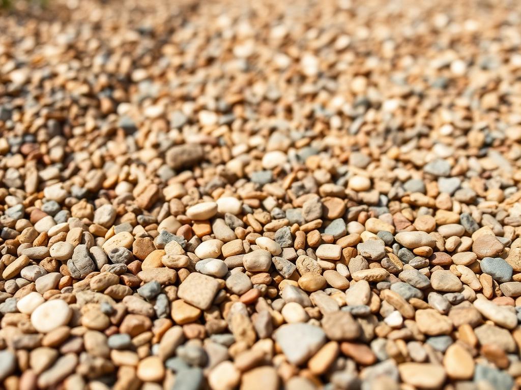 Decorative gravel in warm beige and grey tones spread across a garden bed