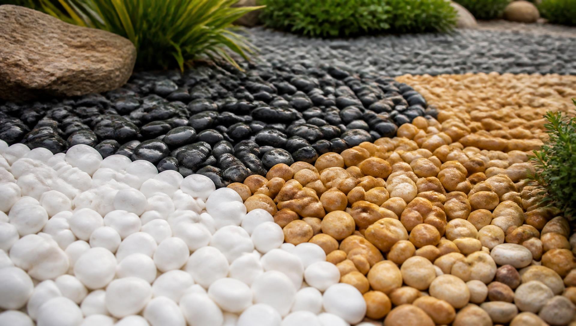 White, black and honey decorative pebbles laid in a landscaped garden bed
