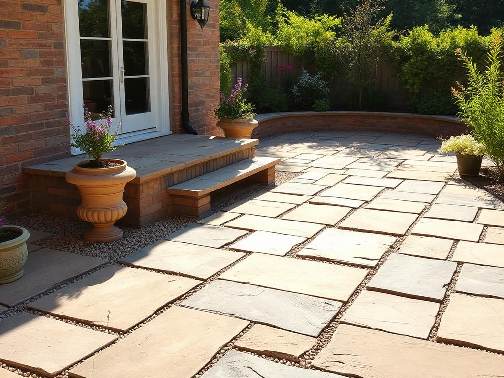 Natural flagstone paving patio with gravel joints