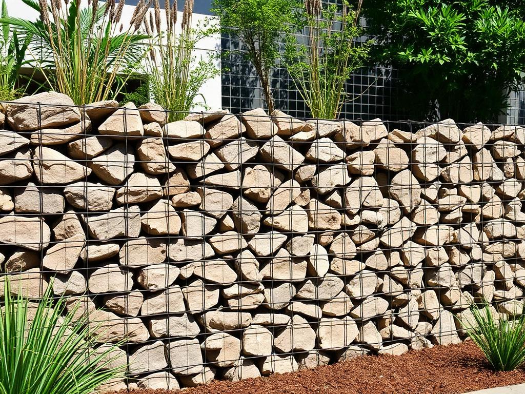 Graded gabion stone fill packed into a wire cage retaining wall