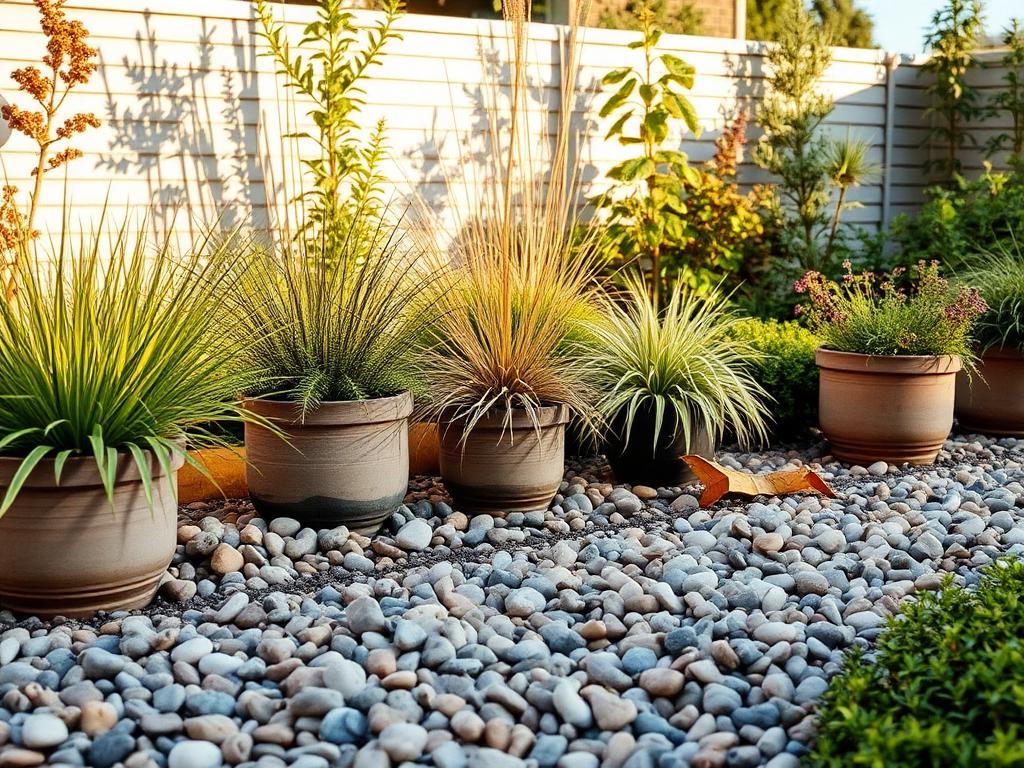 Garden pebbles laid around planted containers