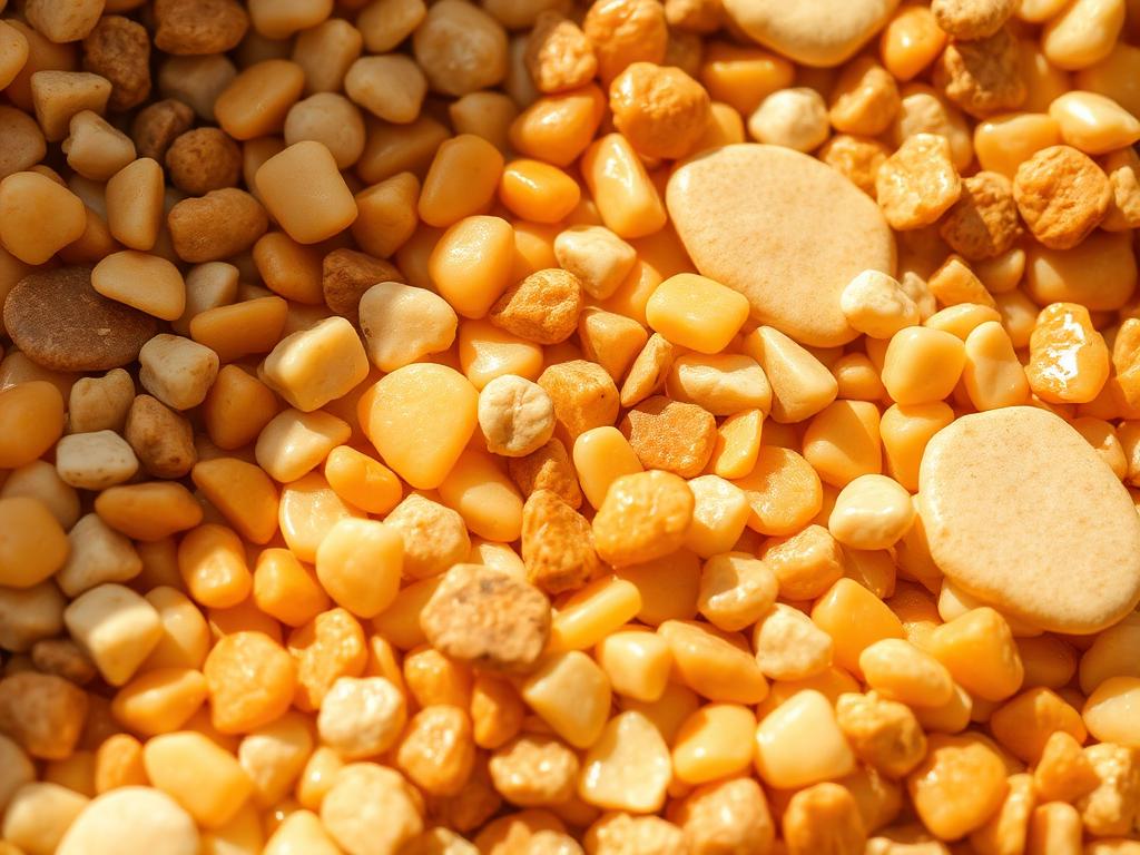 Warm honey and yellow toned decorative pebbles in a sunlit garden bed