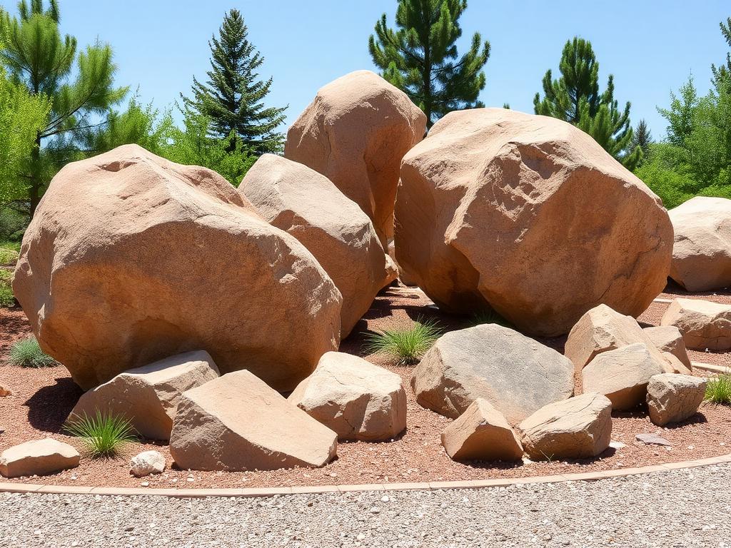 Large natural landscape boulders arranged in a gravel garden