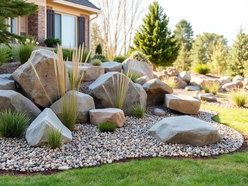 Landscaped yard with feature landscape rocks set into mixed gravel beds