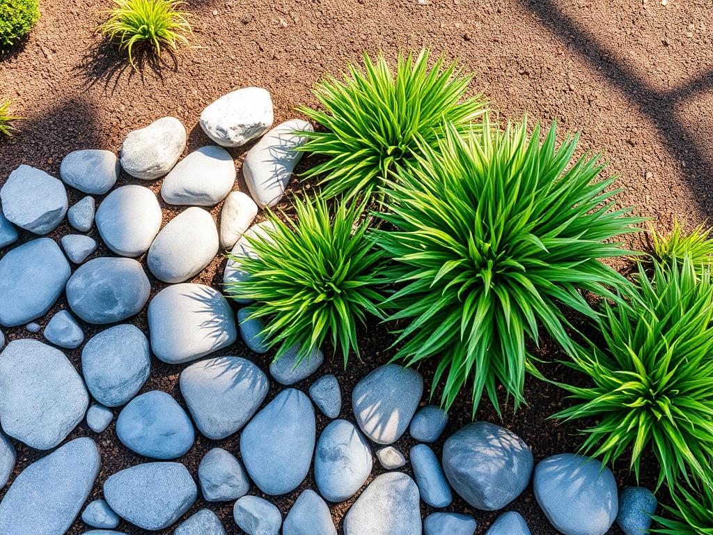 Decorative pebbles and landscaping stones arranged in a garden bed