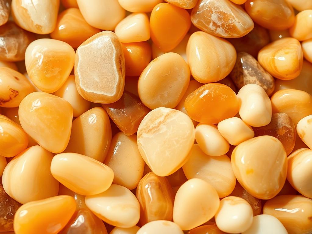 Banded green and honey onyx pebbles polished for premium decorative use