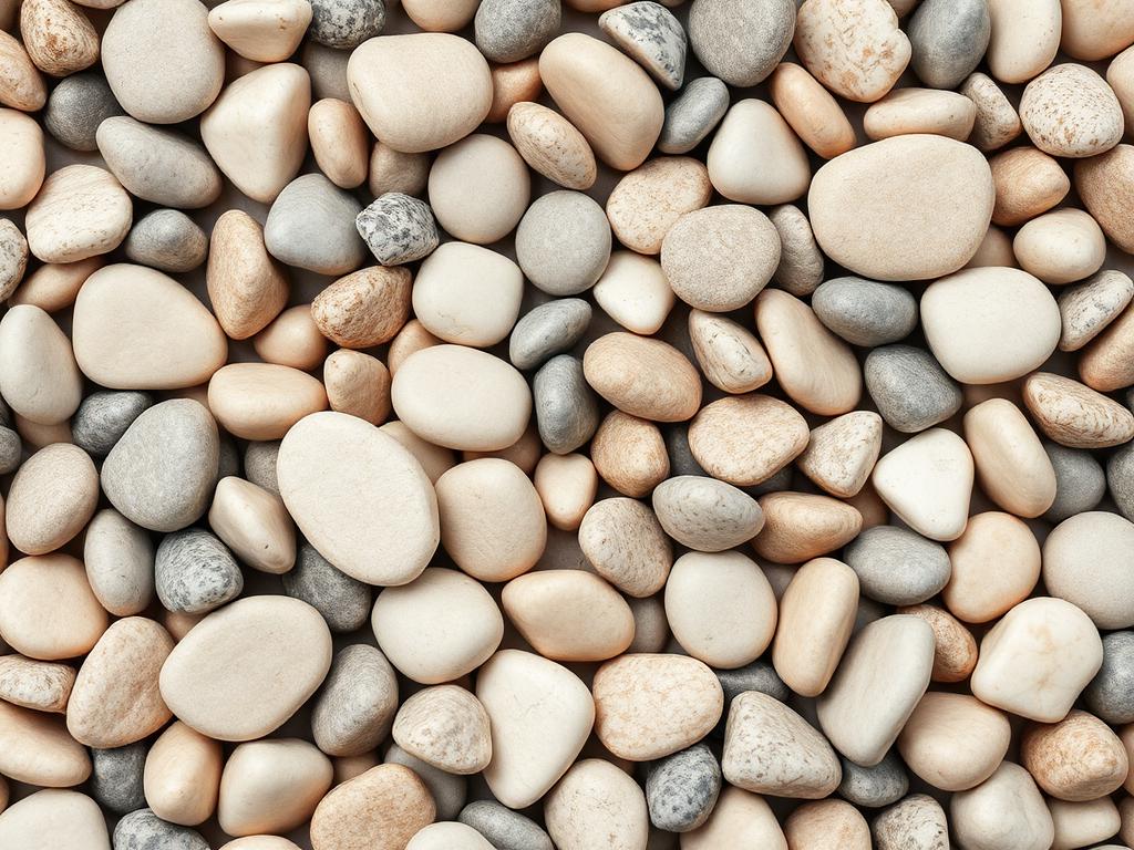 Mixed natural pebble stone in cream, grey and tan tones filling the frame