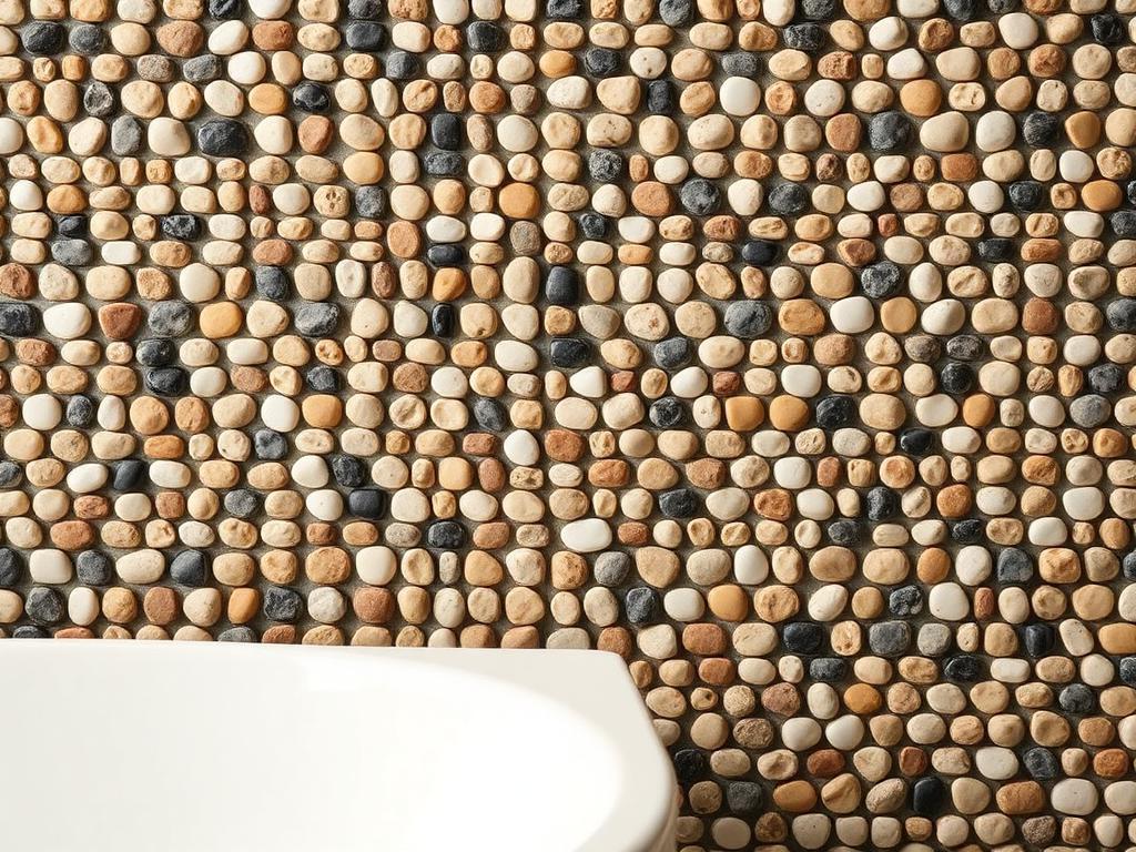 Mesh-backed pebble tile panels in natural stone tones