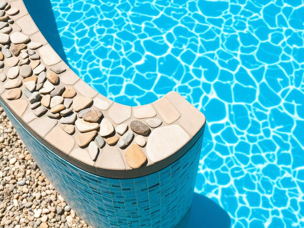 Washed pool pebbles in white and grey tones around a swimming pool edge