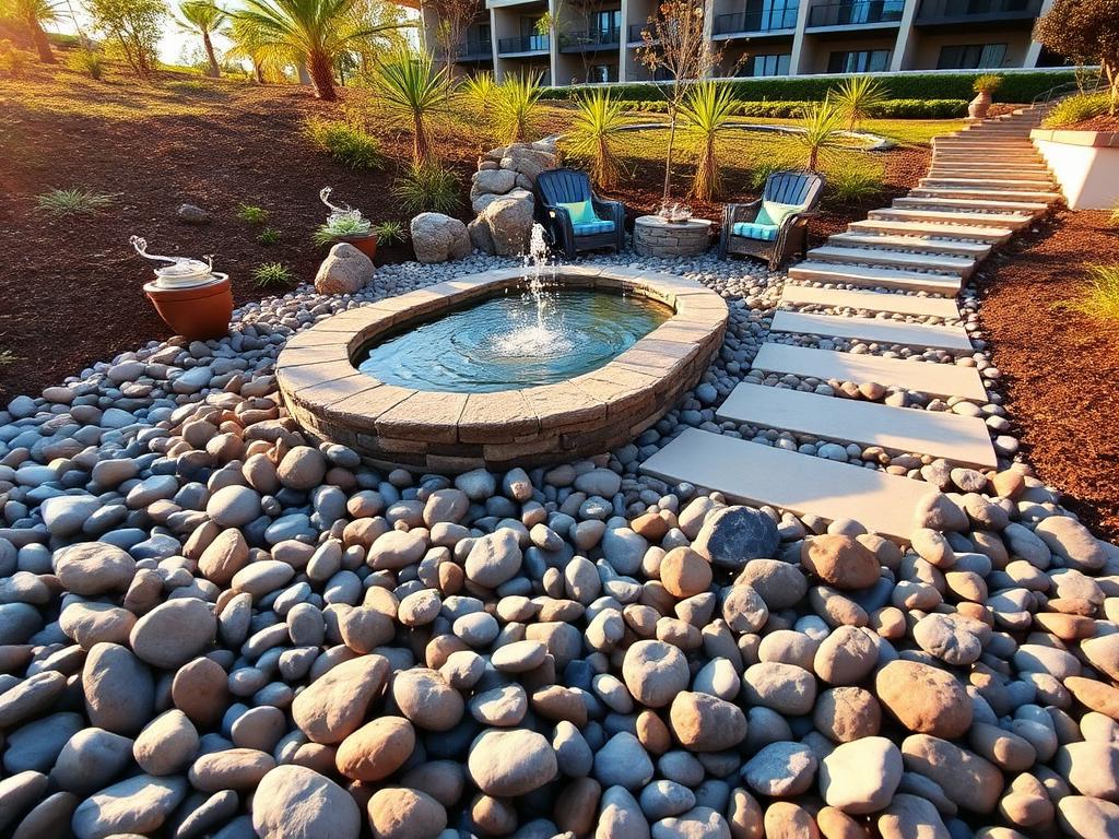 River pebbles used in a landscaped water feature