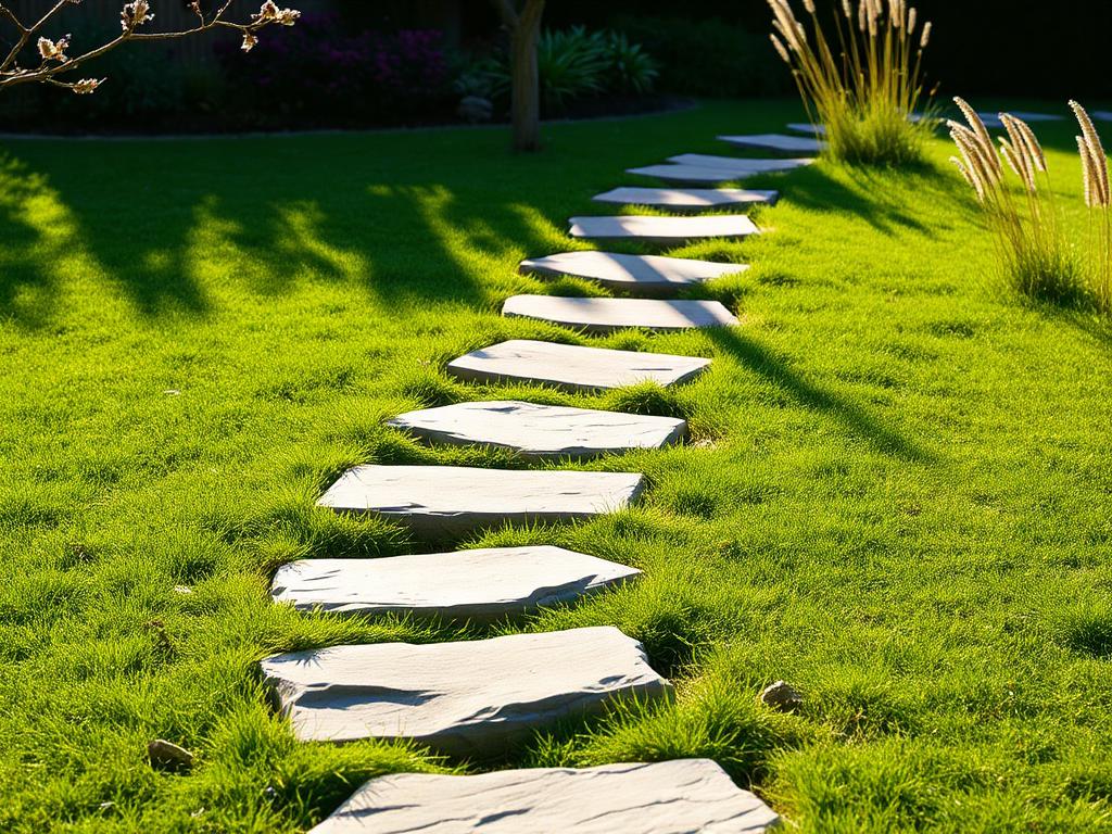 Natural stone stepping stones set into a lawn path
