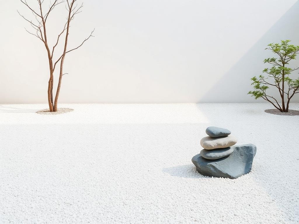 Fine white raked zen garden gravel with dark accent stones